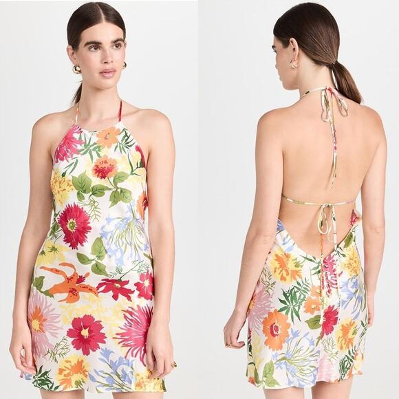 Reformation Jennis Silk Mini Dress Fabrizia Floral Open Back Slip Halter Size S - Picture 1 of 6